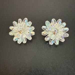 Vintage  Signed Laguna Aurora Borealis Crystal Cluster Clip On Earrings